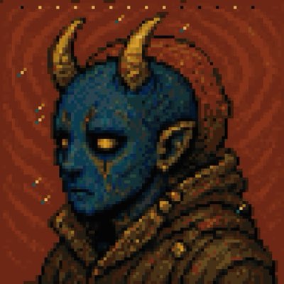 Pixel art portrait of a blue-skinned horned figure in a brown coat against a red background with floating particles.