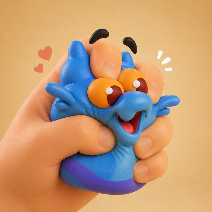 A hand squeezing a blue, cartoonish squishy toy with large orange eyes, a wide smile, and small horns, with animated hearts and motion lines suggesting it is being affectionately squeezed.