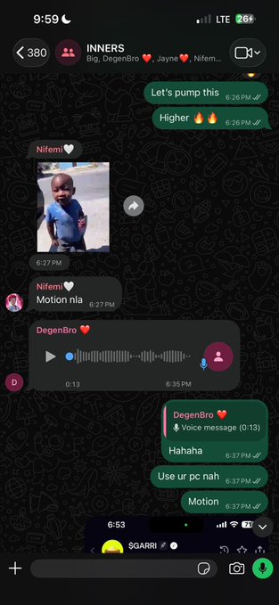 A WhatsApp group chat screenshot titled "INNERS" showing members "DegenBro" and "Nifemi" sharing a photo of a child, a 13-second voice message, and casual messages like "Let's pump this," "Higher 🔥🔥," and "Motion," which contextualizes the post's call to drop EVM wallets for insider trading on the $GARRI token.