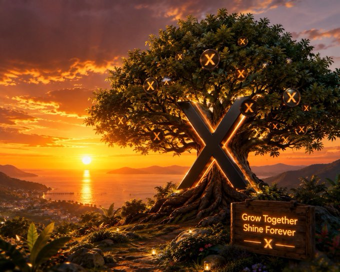A scenic digital artwork showing a large tree with an 'X' symbol embedded in its trunk at sunset, with a sign reading 'Grow Together Shine Forever' and multiple smaller 'X' logos in the foliage.