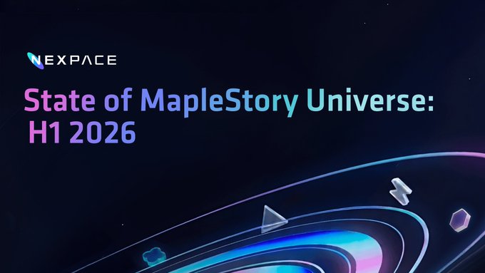 Title slide with NEXPACE logo reading 'State of MapleStory Universe: H1 2026' against a cosmic background featuring planet rings, a play button, and floating cube icons.