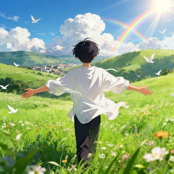 An anime-style illustration shows a person in a white shirt running through a green meadow with arms outstretched, with a rainbow and birds in the sky above.