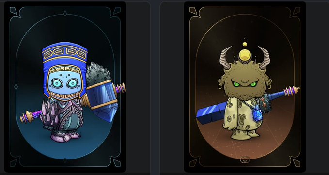 Two fantasy character cards: a blue-hooded creature with a large hammer on the left, and a horned creature in a starry robe holding a weapon on the right.