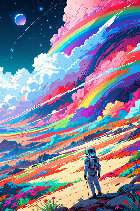 A vibrant, colorful digital illustration of an astronaut standing on a landscape while gazing at a massive rainbow-colored wave of clouds and sky with planets and stars above.
