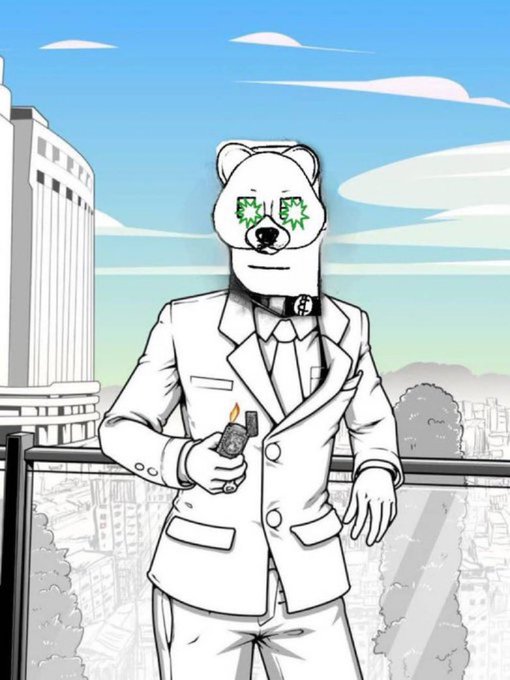 An illustration of an anthropomorphic white bear in a white suit with dollar signs for eyes, holding a lighter, standing against a city backdrop.