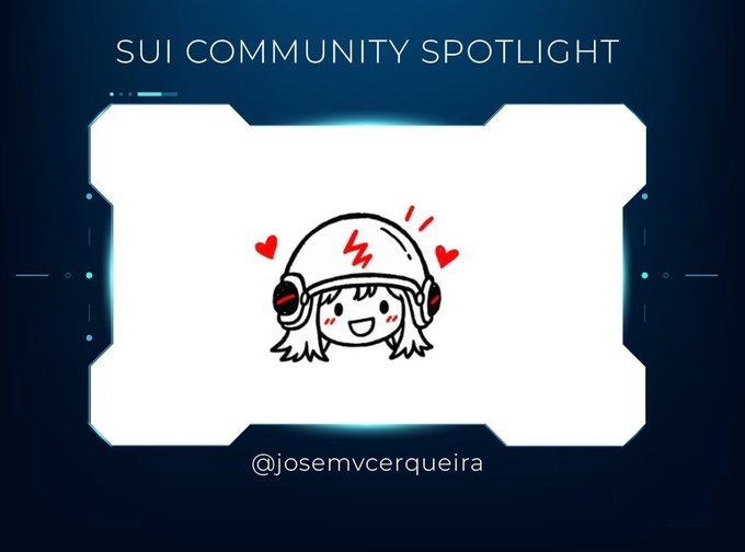 A graphic titled 'SUI COMMUNITY SPOTLIGHT' featuring a cartoon drawing of a girl with a helmet and headphones surrounded by hearts, with the handle '@josemvcerqueira' at the bottom.