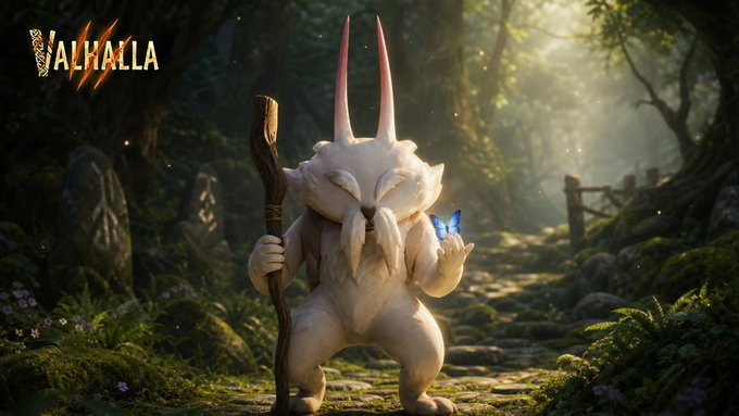 The "VALHALLA" logo appears in the top left corner of the image, which depicts a serene forest scene featuring a fluffy, white-horned creature named Ornis holding a wooden staff and a blue butterfly, perfectly embodying the post's message about calm patience being a precursor to powerful action.
