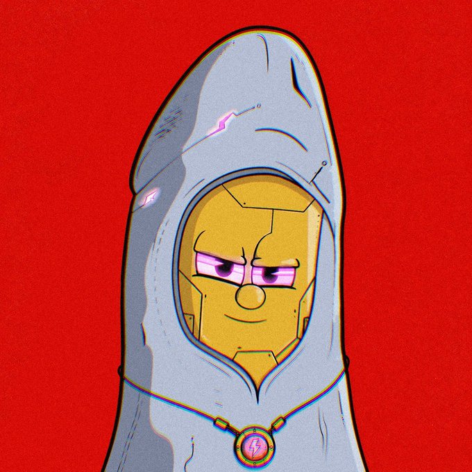 A digital illustration of a yellow-skinned, purple-eyed character wearing a grey hooded cloak with a lightning bolt medallion, set against a red background.