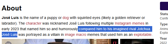 The image shows a snippet from the Know Your Meme page for "José Luis," describing the meme as a puppy or dog with squinted eyes nicknamed after Instagram memes in early 2023 that compared him to his rival "Jotchua." The highlighted text emphasizes the rivalry between José Luis and Jotchua, which aligns with the post's reference to Jotchua reaching 10M on PumpFun and speculating on José Luis's potential on BONK.
