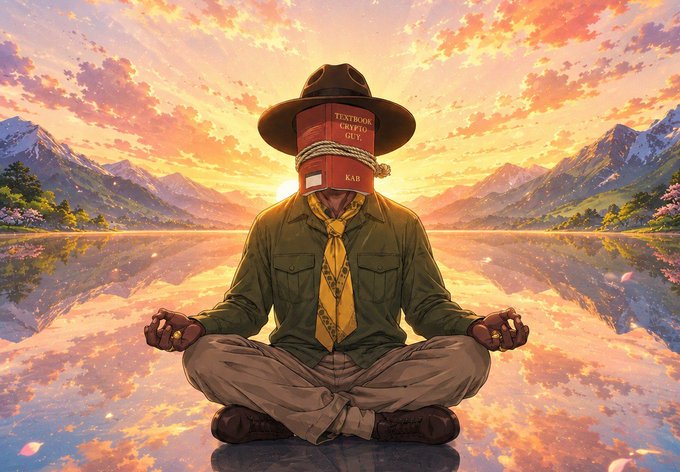 A figure with a textbook labeled "TEXTBOOK CRYPTO 101 K.A.B." for a head meditates in lotus position against a serene mountain sunset, symbolizing the user's commitment to learning and discipline in crypto trading as they outline their weekly goals to grow their Polymarket portfolio and navigate the Solana trenches.