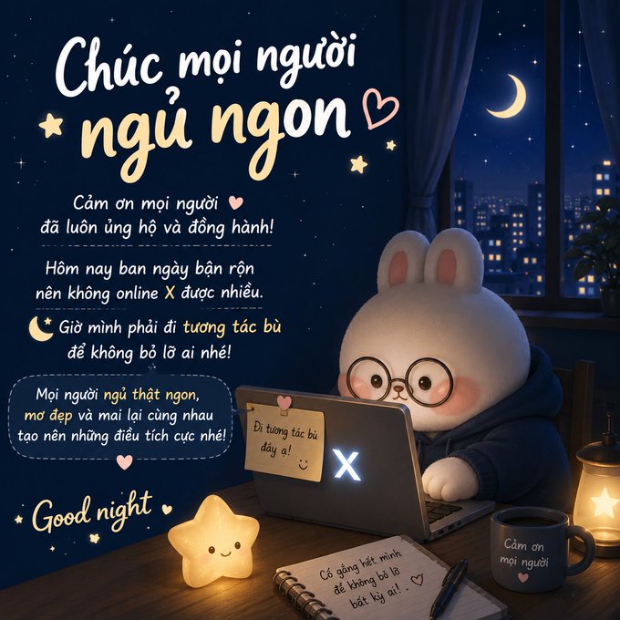 A cute illustrated white bunny with glasses working on a laptop at night, with Vietnamese 'Chúc mọi người ngủ ngon' (Good night) text and 'Good night' written below.