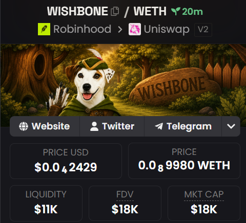 A cryptocurrency information panel for the 'WISHBONE / WETH' token pair available on Robinhood and Uniswap V2, featuring a cartoon dog in a forest setting and metrics showing price ($0.042429), liquidity ($11K), FDV ($18K), and market cap ($18K).