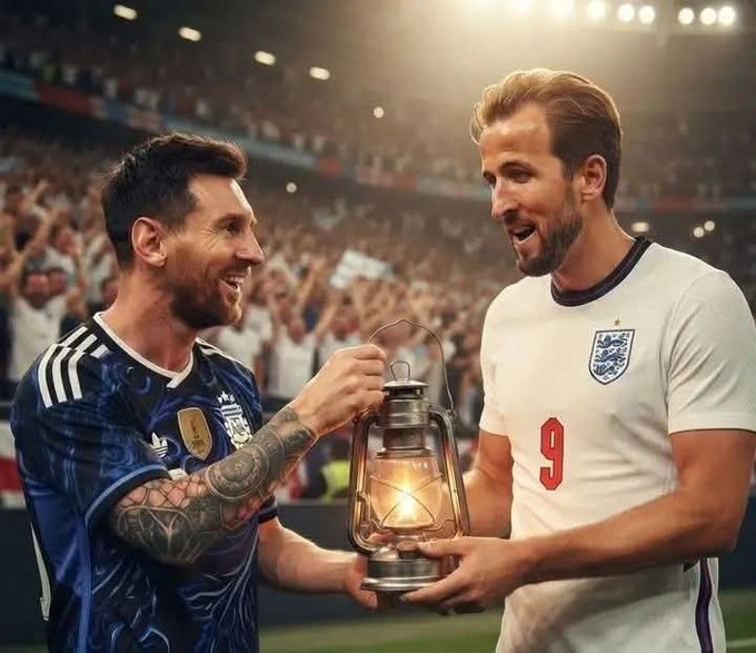 Two soccer players, Lionel Messi (in Argentina's blue jersey) and Harry Kane (in England's white #9 jersey), share a celebratory moment holding a glowing vintage lantern trophy together on a stadium field with cheering fans in the background.