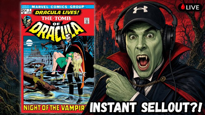 A YouTube thumbnail featuring a Marvel 'Dracula Lives!' comic book on the left and a green-faced vampire character wearing an Under Armour cap and headphones on the right, with the text 'INSTANT SELLOUT?!' and a 'LIVE' badge.