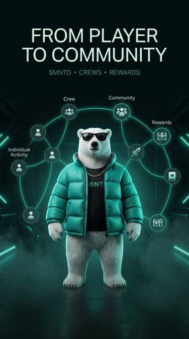A promotional graphic titled 'FROM PLAYER TO COMMUNITY' featuring a similar 3D bear character in a teal puffer jacket and sunglasses, surrounded by a circular diagram connecting Individual Activity, Crew, Community, and Rewards, with the tagline '$MNTD • CREWS • REWARDS'.