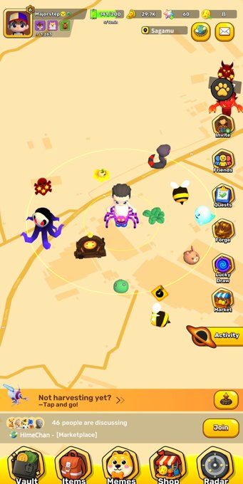 A mobile game interface, possibly Bee Miner or Hive-related, showing a hexagonal map with character icons, bees, and resources, with buttons for "Vault", "Items", "Memes", "Shop", and "Radar".