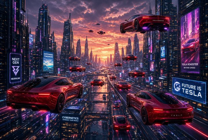 A futuristic cyberpunk cityscape at sunset featuring red Tesla Roadsters flying and driving among skyscrapers, with visible neon billboards including 'NEXT GEN', 'NEURALINK', 'SUSTAINABLE TOMORROW', 'CYBERNETICS UPGRADE YOUR WORLD', 'FUTURE IS TESLA', and 'TESLA ROADSTER BEYOND SPEED'.