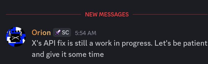 The image features a person's name on the right side of the screen, with an explanation provided below their profile picture for a new message sent by them about fixing X'S API. The caption below the screenshot reads: "GOOD MORNING SIMPLECHAIN USER'S The team has said that they will soon fix X'S API problem We just have to be a little more patient And hopefully the team will fix it soon."