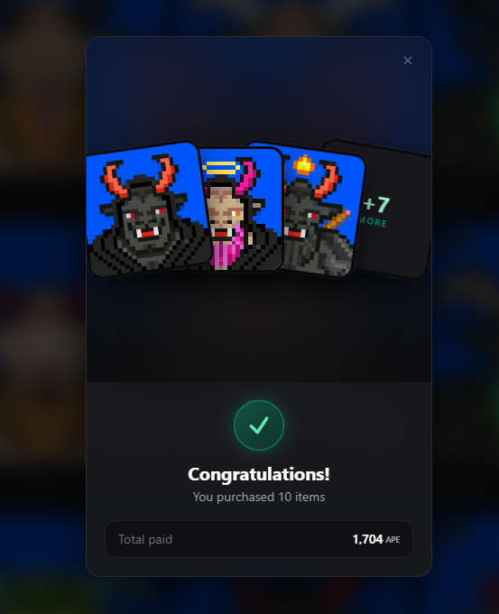 A purchase confirmation screen showing 10 pixel-art items bought for 1,704 APE, featuring characters with red horns and an angel.
