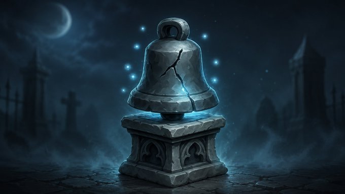 A dark fantasy digital artwork featuring a cracked, cracked stone bell on a pedestal, surrounded by glowing blue orbs in a misty graveyard setting.