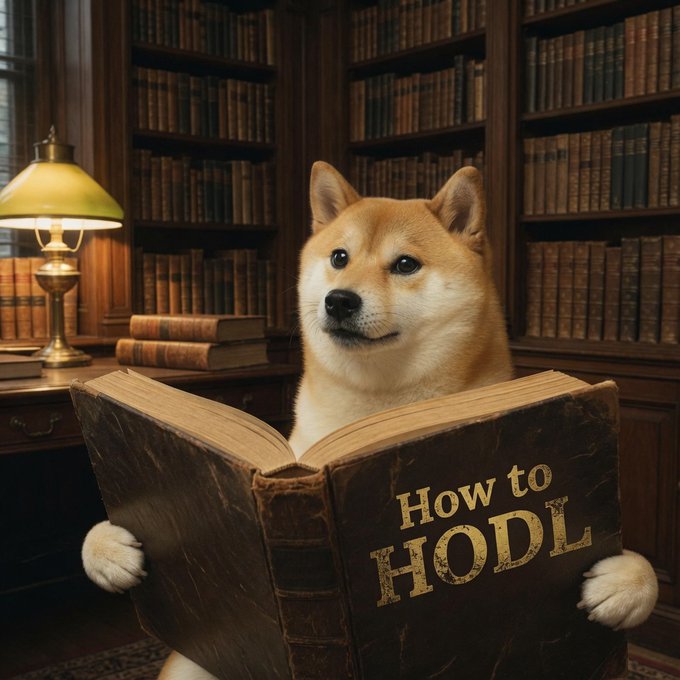 A Shiba Inu dog sits in a classic library setting, attentively reading an old leather-bound book titled "How to HODL," playing on the popular crypto slang "hodl" (hold on for dear life) and aligning with the post's message that "knowledge is power" and "diamond hands is freedom" for $DOGE investors.