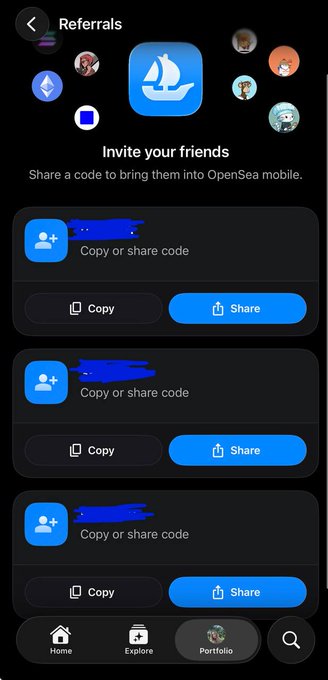 The image shows an app screen displaying three different invite codes for users to share with their friends. The app appears to be beta testing, as indicated by the text "I'VE BEING TESTING THE @opensea mobile app". The focus of the image is on the invite codes and how they can be used to connect with others through the app.