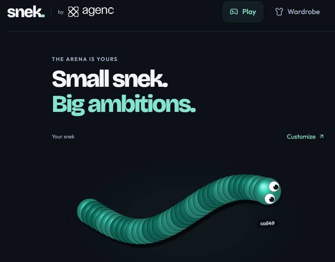 A screenshot of the 'snek' game website by agenc, featuring the tagline 'THE ARENA IS YOURS Small snek. Big ambitions.' above a 3D green snake character named 'coil49'.