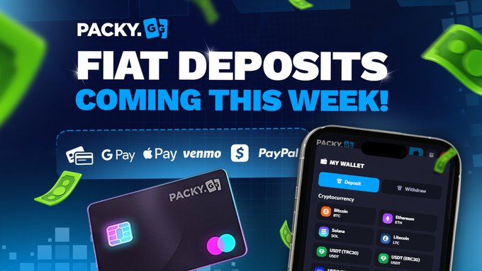 Promotional graphic for Packy Coin announcing "FIAT DEPOSITS COMING THIS WEEK!" featuring logos for Google Pay, Apple Pay, Venmo, and PayPal, alongside an image of the Packy app wallet interface showing cryptocurrencies like Bitcoin, Ethereum, Solana, Litecoin, and Tether (TRC20/ERC20). The visual reinforces the post's message about the platform's new fiat deposit options with multiple payment methods and low fees.