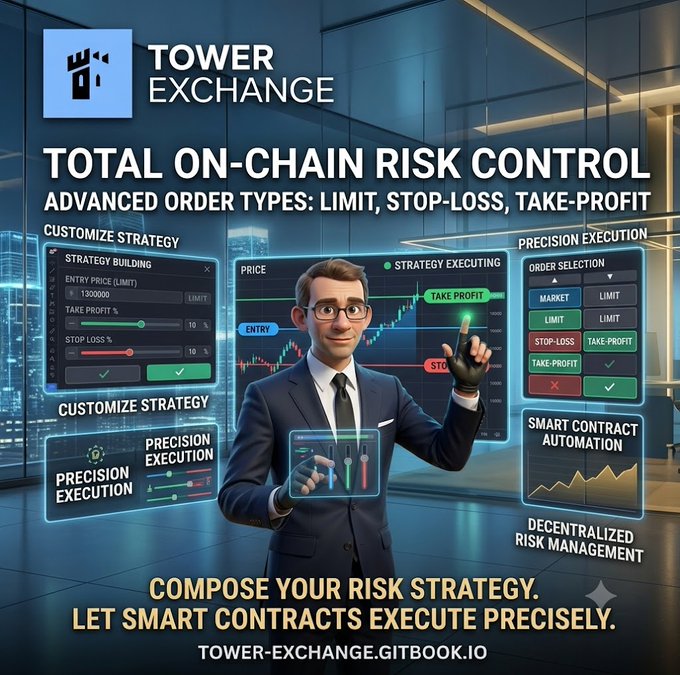 The image is a promotional graphic for "Tower Exchange" advertising "Total On-Chain Risk Control" with advanced order types including Limit, Stop-Loss, and Take-Profit. It features a professional trader in a suit interacting with futuristic holographic trading interfaces showing strategy building, strategy execution with entry/take-profit/stop-loss markers, and precision execution panels. The caption at the bottom reads "Compose your risk strategy. Let smart contracts execute precisely" with the link "tower-exchange.gitbook.io."