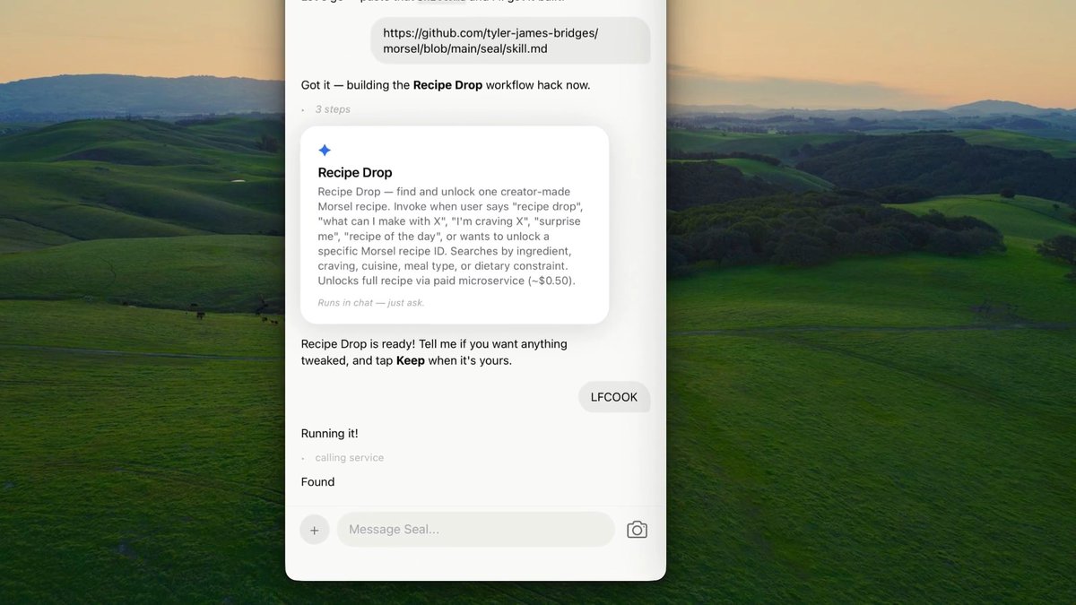 Chat interface showing a user sharing a GitHub link and triggering the 'Recipe Drop' workflow hack, which searches for and unlocks Morsel recipes via paid microservice.