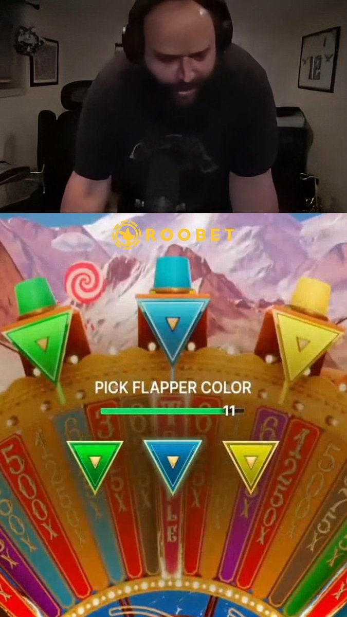 A split-screen showing a man wearing headphones in the top half and a 'Roobet' online gambling game interface prompting the user to 'PICK FLAPPER COLOR' from three colored triangles in the bottom half.