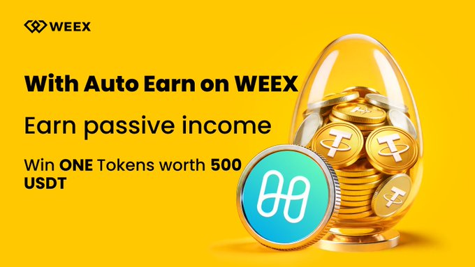 A promotional graphic for WEEX exchange featuring text 'With Auto Earn on WEEX Earn passive income Win ONE Tokens worth 500 USDT' alongside an egg filled with gold coins.