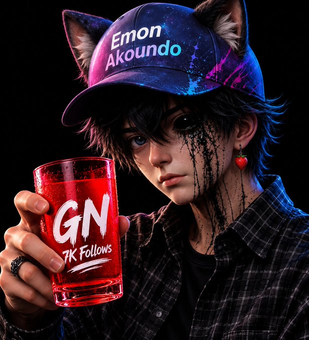A digital art piece of an anime-style character with cat ears, black tear-like markings, wearing a galaxy-print cap reading 'Emon Akoundo', holding a red cup with 'GN 7K Follows' text.