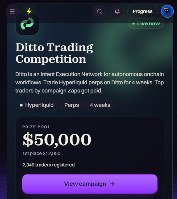 A mobile app screen advertises the 'Ditto Trading Competition' for trading Hyperliquid perps over 4 weeks, featuring a $50,000 prize pool with $12,000 for 1st place and showing 2,349 traders registered.
