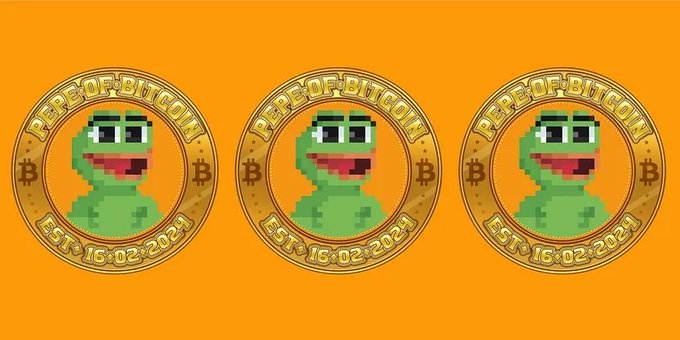 Three identical orange coins labeled 'PEP OF BITCOIN' dated 'EST. 16-02-2024', each featuring a pixelated Pepe the Frog character.