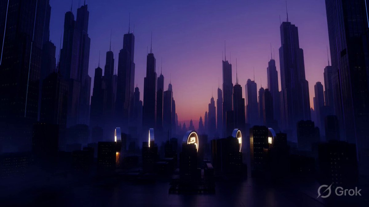 The image shows a cityscape at sunset, with tall buildings illuminated against the dark sky. The sun is setting behind the buildings, casting long shadows and creating a beautiful glow over the scene. The city appears to be a 3D rendering of a futuristic city, possibly in a video game or movie setting.