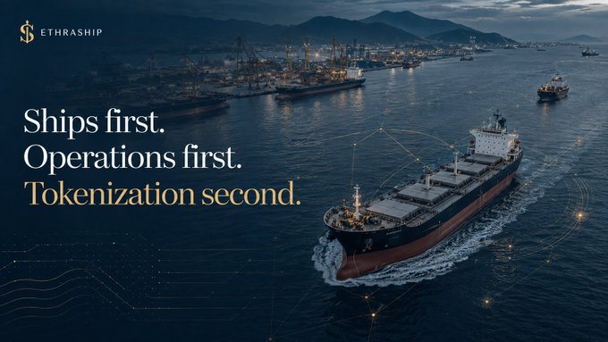 A large cargo ship sails through a busy harbor at dusk, overlaid with the EthraShip logo and the tagline "Ships first. Operations first. Tokenization second." The image reinforces the post's message by visually emphasizing real maritime operations over the tokenization concept, highlighting EthraShip's grounding in actual shipping activity since 2021.