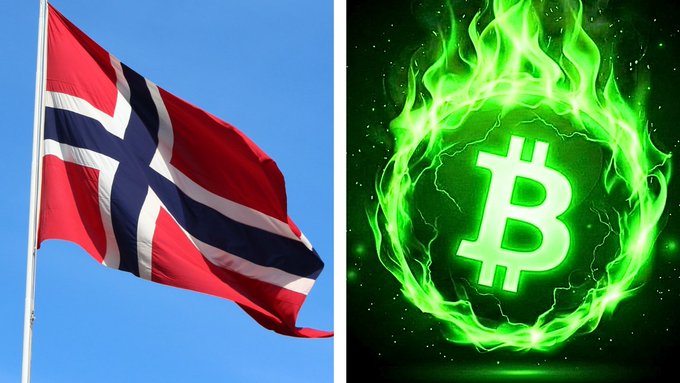 Side-by-side image showing the Norwegian flag on the left and a stylized Bitcoin logo engulfed in green flames on the right.