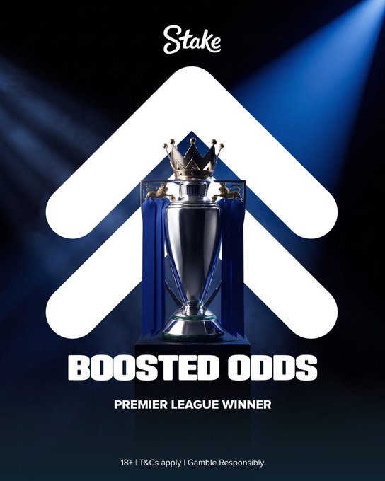 The image features the Stake logo, an upward arrow graphic, and a Premier League trophy with the text "BOOSTED ODDS - PREMIER LEAGUE WINNER" promoting enhanced betting odds on the league champion.