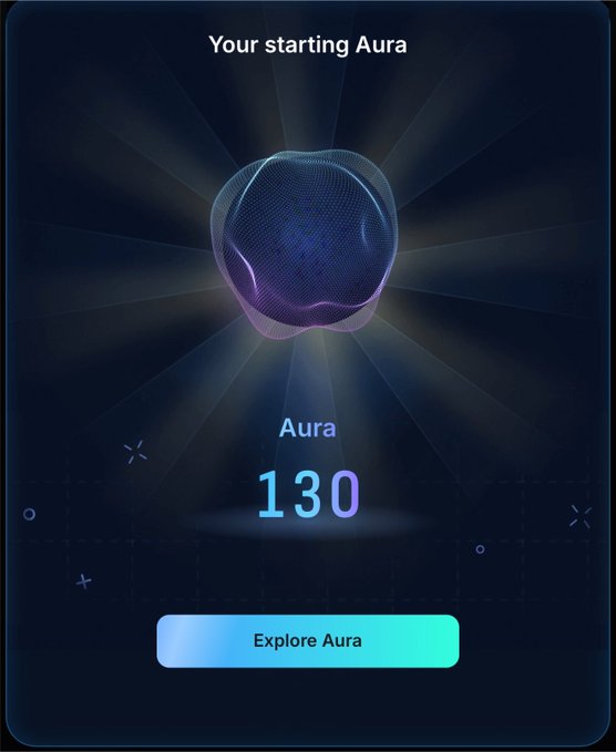 Digital interface displaying 'Your starting Aura' with a value of 130 and an 'Explore Aura' button beneath a glowing orb graphic.