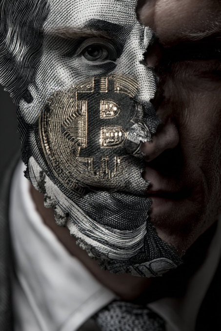 A digital artwork depicting a man's face merged with currency engravings, featuring a prominent gold Bitcoin (₿) symbol overlaid on his cheek against a dark background.