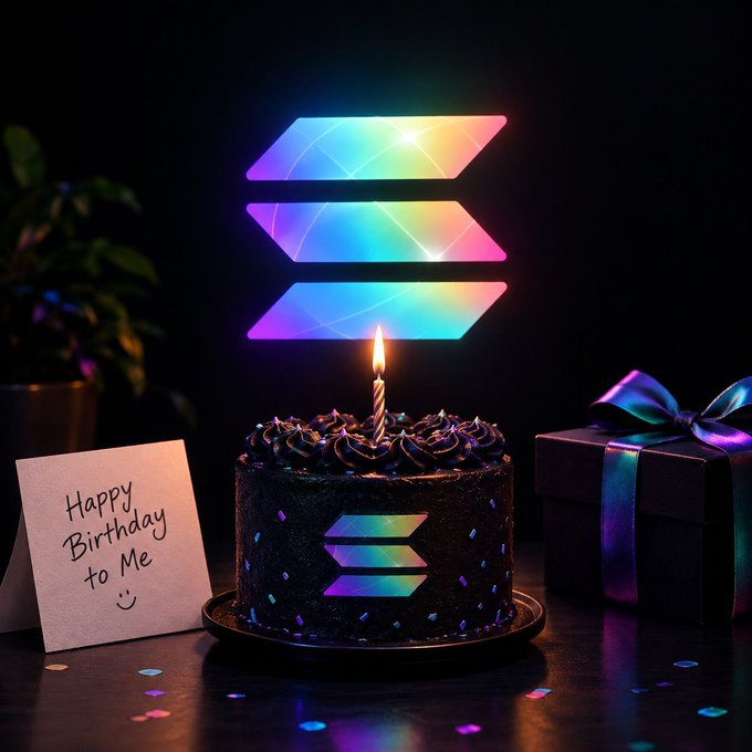 A dark birthday scene featuring a chocolate cake with a glowing Solana logo on top, a single lit candle, a 'Happy Birthday to Me' card, and a gift box.