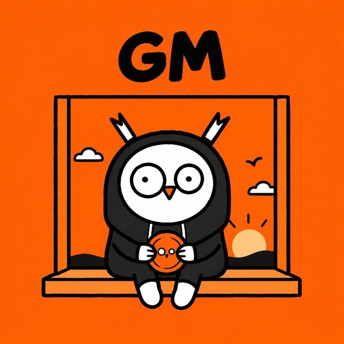 A cartoon illustration of a hooded cat-like character sitting in a window holding an orange coin, with 'GM' displayed prominently at the top on an orange background.