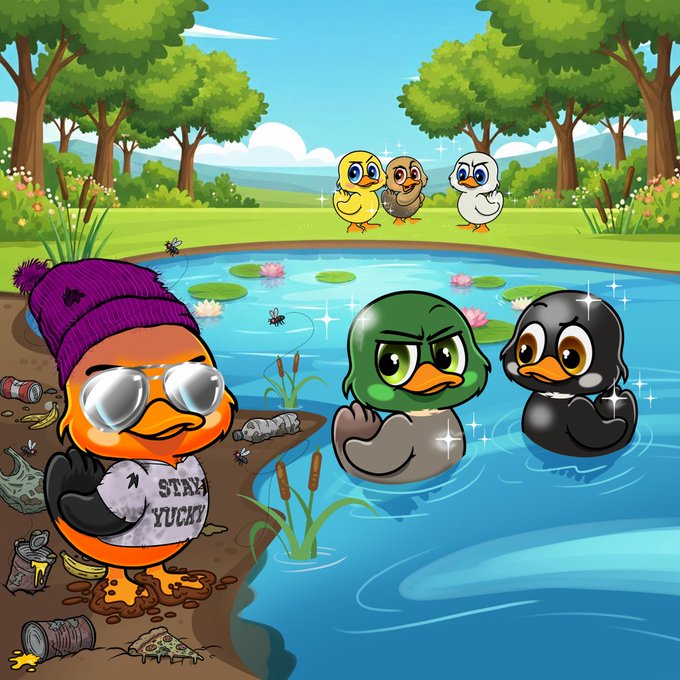 A cartoon illustration featuring ducks around a pond, including an orange duck wearing a purple beanie and sunglasses with a 'STAY YUCKY' shirt, surrounded by trash, and cleaner ducks swimming in the pristine water.
