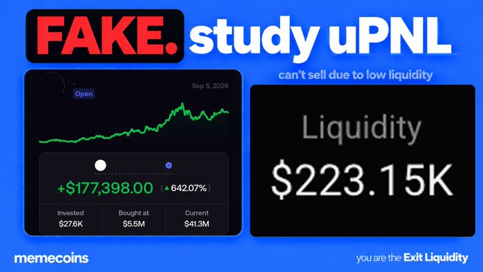 A graphic labeled 'FAKE. study uPNL' with text 'can't sell due to low liquidity' shows a PnL chart gaining +$177,398 (+642.07%) with $223.15K liquidity, captioned 'memecoins you are the Exit Liquidity'.