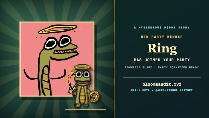 A promotional graphic announcing that a new party member named 'Ring' has joined, featuring a cartoon illustration of a green lizard-like creature with a halo, branded with 'bloomsaudit.xyz' and 'A MYSTERIOUS D00DZ STORY'.