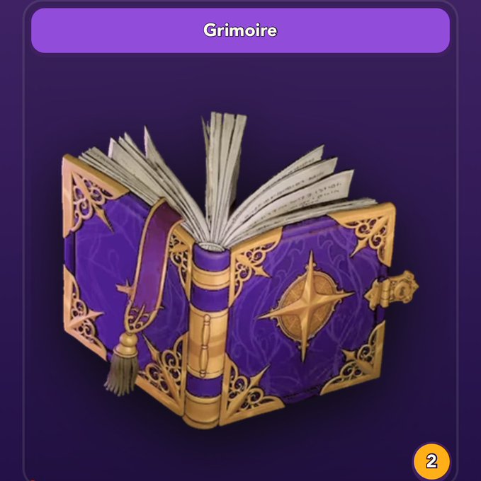An ornate purple and gold grimoire with a star emblem on its cover and a tasseled bookmark, displayed on a card labeled "Grimoire" with a value of "2" in the bottom right, appears to be a collectible card-style illustration representing a magical item potentially acquired or showcased in the Everdraw RPG project.