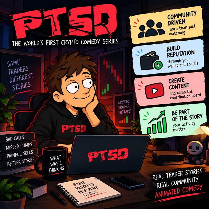 A promotional poster for 'PTSD - THE WORLD'S FIRST CRYPTO COMEDY SERIES' features an animated character and lists features like 'COMMUNITY DRIVEN', 'BUILD REPUTATION', 'CREATE CONTENT', and 'BE PART OF THE STORY'.