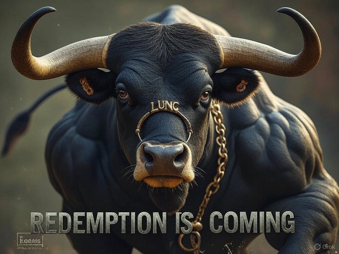 Digital artwork of a fierce black bull wearing a chain nose ring with 'LUNC' inscribed, captioned 'REDEMPTION IS COMING'.