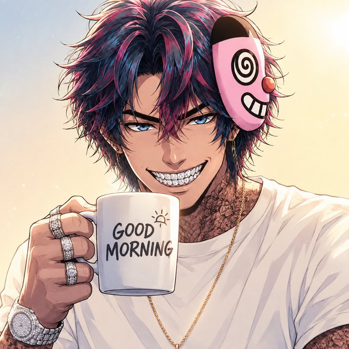 Anime-style illustration of a smiling young man with messy pink and blue hair, wearing a clown mask on his head, diamond rings, a watch, and a gold chain, holding a white mug that says 'GOOD MORNING'.